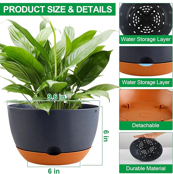 Nooulap 3 Pack Self Watering Planters for Plants Indoor,10 Inch Plant Pot Outdoor Plastic Flower Pot with Drainage and Saucers(Grey)