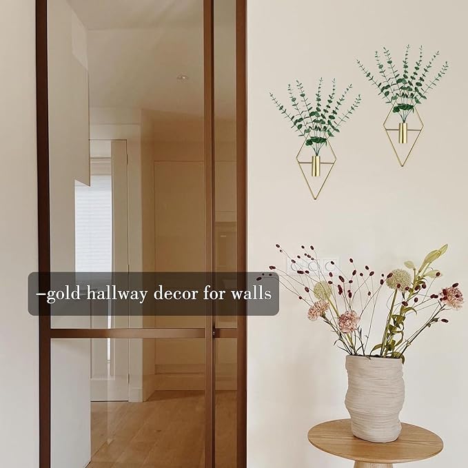 GREENTIME 2 Pack Hanging Plants Faux Eucalyptus with Gold Diamond Metal Hanging Vase for Teacher Appreciation Living Room Bedroom Boho Kitche Wall Shelf Outdoor