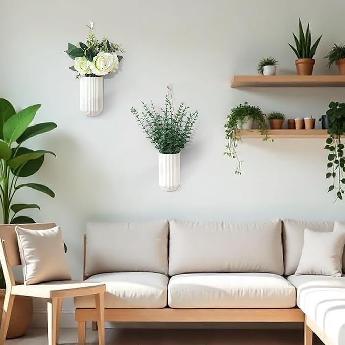2 Pcs 5.9 Inch White Ceramic Wall Planter Modern Home Hanging Vase for Living Room Bedroom Bathroom Minimalist Indoor Ceramic Hanging Flower Vase for Dried Flowers Faux Greenery Plants