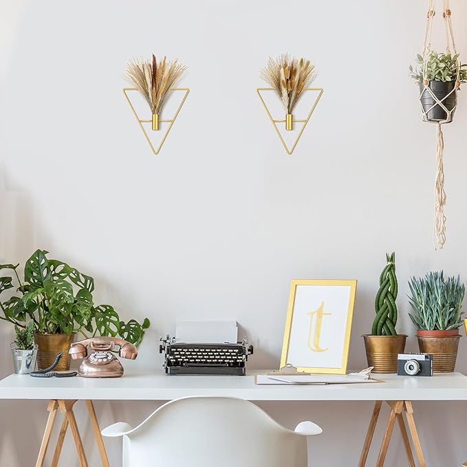 Peryiter 2 Pcs Gold Wall Decor Boho Pampas Hanging Planters with Artificial Pampas Wall Mounted Metal Modern Home Decor Display Art Bedroom Bathroom Living Room(Triangle)