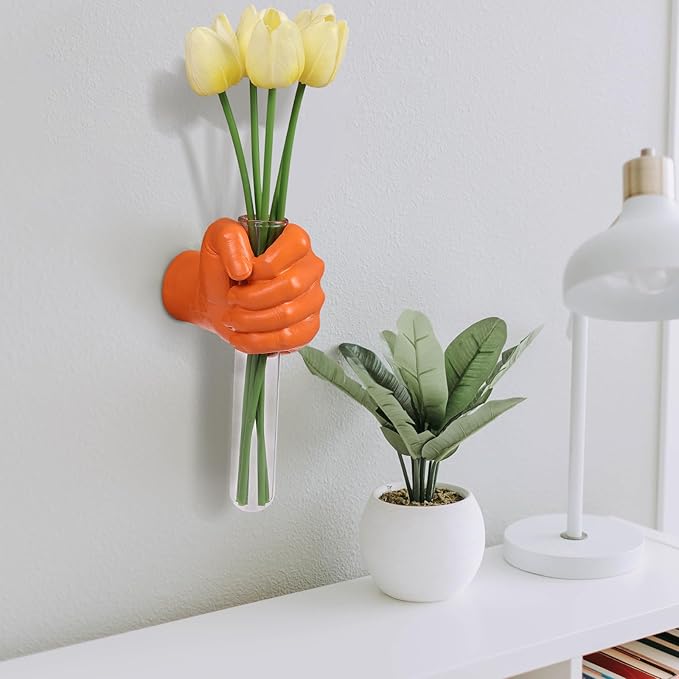 Hand Wall Vase, Gold Hand Sculpture for Kinetic Art,Unique Wall Spooky Hand Decor, Hanging Vase for Unique Decoration in Living Rooms, Entrance and Room,Palmistry vase Statue (Orange)