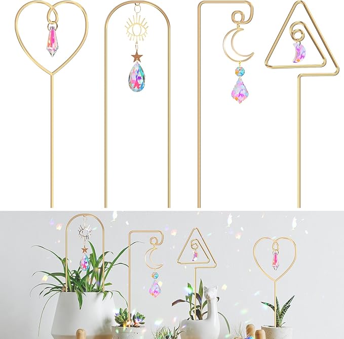 WellSign Small Trellis for Potted Plants Indoor with Colorful Crystal Sun Catcher, 14.17 Inch Metal Plant Lattice for Mini Potted Plant Decoration for Home Window Garden 4 Pack