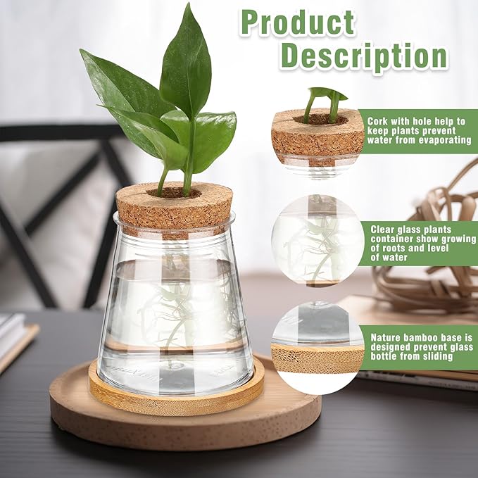 Baderke 12 Packs Propagation Vases for Plants Plastic Plant Propagation with Hole Lid and Bamboo Stand Growing in Water Hydroponic Home Office Desktop Vase Decoration (Cute Style)