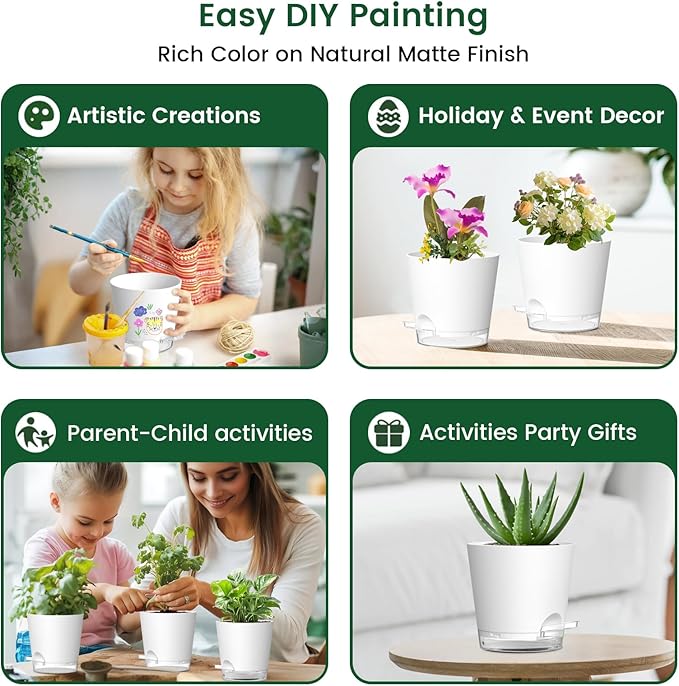 Meowell 6 inch Self Watering Pots for Indoor Outdoor Plants, 6 Pack Flower Plant Pots with Drainage Holes and Clear Reservoirs, Visible Water Level, Plastic Planters with Wicking Rope, White