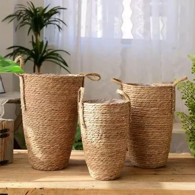 Tall Rattan Woven Planter Basket for Indoor Plants – Grass Flower Pot with Handles & PP Liner, Farmhouse Storage Basket, Multi-Functional Rustic Planter for Home Decor (Large)