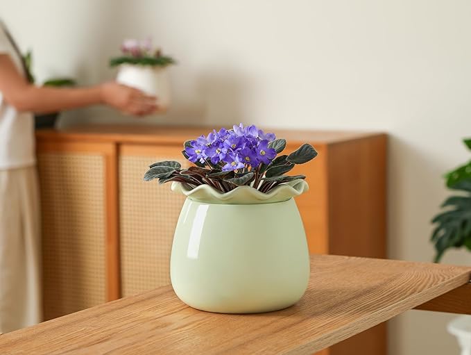 Fayoula Self Watering Plant Pot, 6 Inch African Violet Pots Maintenance, Ceramic Self-Watering Planter for Indoor Plants - Ideal Flower Pot for Thriving Indoor Gardens, Green