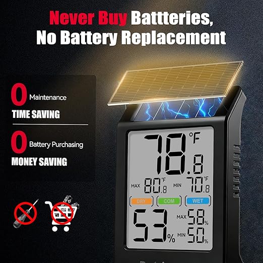 BaldrTherm Room Thermometer Indoor Humidity Meter Solar Powered with Max/Min Memory & Comfort Indicator - 3.2" Large Display for Home, Black, 1Pack