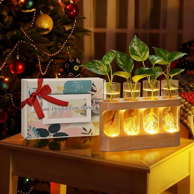 Plant Propagation Station with Wood Stand, Glass Terrarium for Hydroponics Live Plants Christmas Gifts Gardening Gifts for Women Mom 3 Lighting Modes 9 Brightness Levels Home Indoor Decor Unique