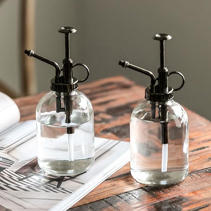 Flueyer 2 Pack Glass Plant Mister Spray Bottle, 7.7 inch Tall Vintage Plant Spritzer Watering Can with Bronze Plastic Top Pump Small Sprayer Bottle for Watering Indoor Outdoor Plants