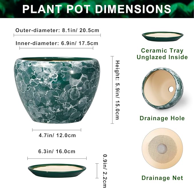 8 Inch Planter Indoor - Ceramic Plant Pots for Indoor Outdoor Plants, Round Flower Pots with Drainage Hole and Saucer, Modern Planter, Apartment Decor, Gifts for Plant Lovers, Bubble Green
