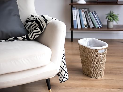 StorageWorks Wicker Waste Basket, Handwoven Seagrass Trash Can with Built-in Handles, Wicker Garbage Can for Bedroom, Bathroom, 1 Pack