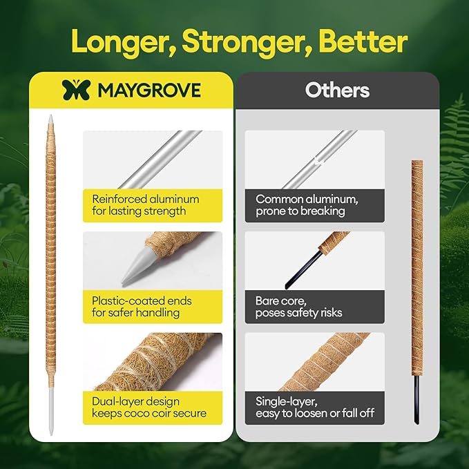 Maygrove 3-Pack 48” Bendable Moss Pole Monstera Plant Support for Climbing Indoors Plants, Coir Moss Poles Moss Sticks Plant Pole DIY, Plant Support Stake for Potted Plants