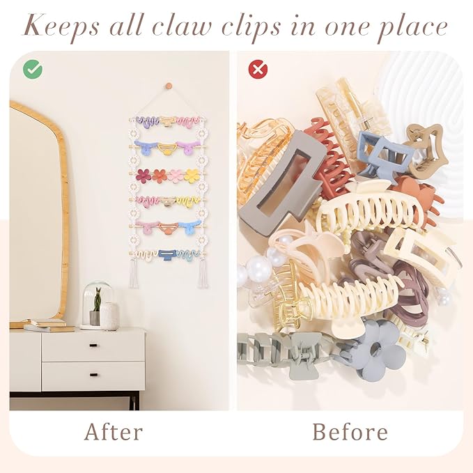 SNOWSTAR Macrame Hair Claw Clip Organizer,Hanging Hair Clip Holder and Storage for Women Girls,Claw Clip Hanger Home Decor for Wall,Door,Closet