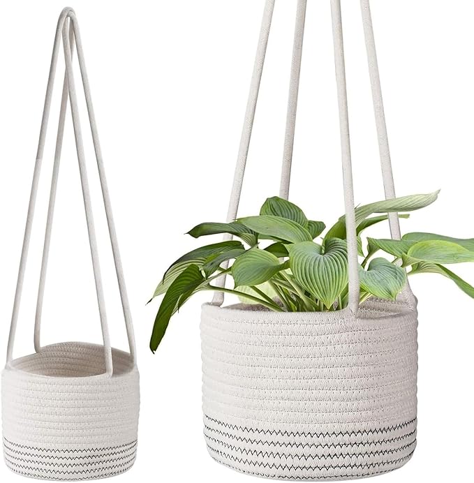 Flexzion Macrame Plant Hanger Basket for Indoor Plants - 8 Inch Jute Rope Planter Pot Cover, Woven Hanging Plant Holder Up to 7 Inch Pots, Boho Hanging Planters Home Decor Storage Organizer (White)
