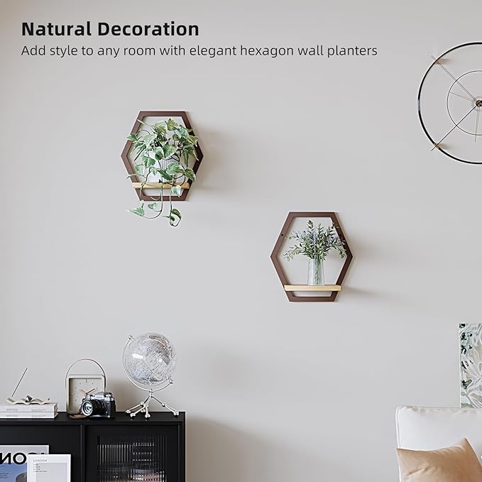 2 Pack Solid Wood & Heavy Duty Metal Wall Plant Stands,9 inch Natural Wood Shelf, Boho Arch Hanging Planter for Indoor 25 LB Load for Plants Coffee