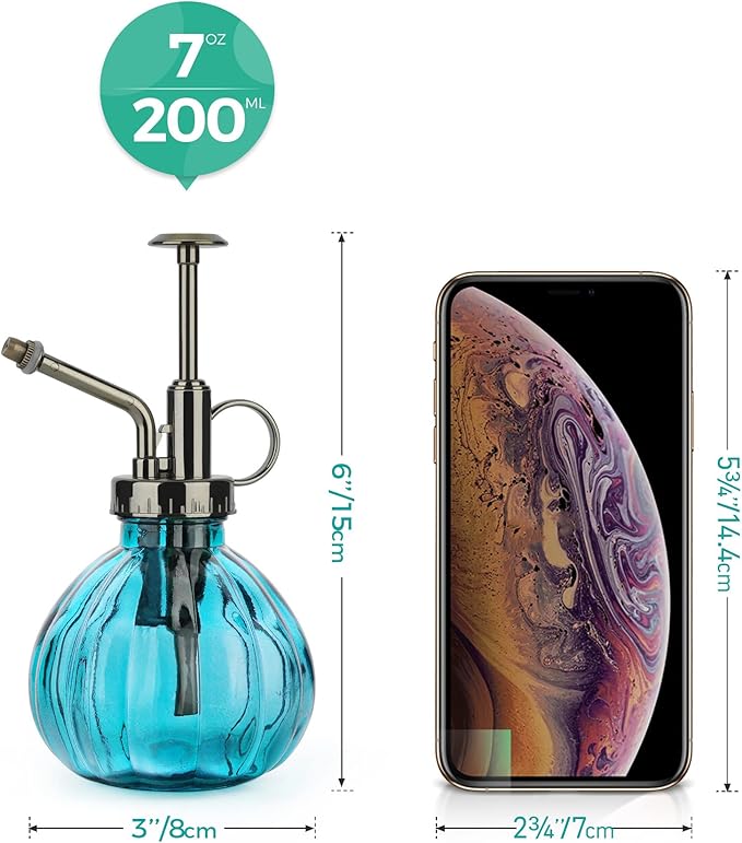 T4U Glass Plant Mister 200ML, Vintage Spray Bottle with Top Pump Fine Mist Flower Garden Sprayer Small Decorative Spritzer Watering Can Gift for Indoor Outdoor Succulent House Plant (Blue)