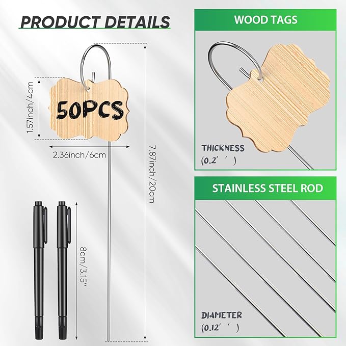 CroBlissful 50pcs Bamboo Plant Labels Plant Tags Garden Signs Markers with Stainless Steel Stake and Pen Decorative Wood Garden Labels Plant Sign Tags for Flowers Vegetables Herbs Potted Plants Seed