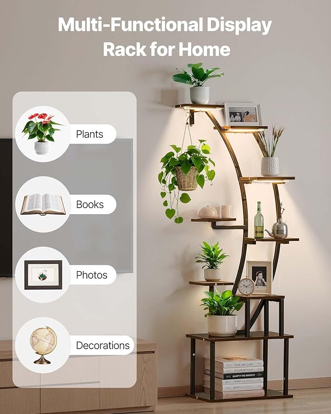 VEVOR Plant Stand Indoor with Grow Lights, 63 in Tall 9-Tier Lighted Plant Shelf, Metal Corner Plants Holder, 3 Timer & 10 Brightness, Curve-Shaped Flower Display Rack for Living Room Balcony Decor