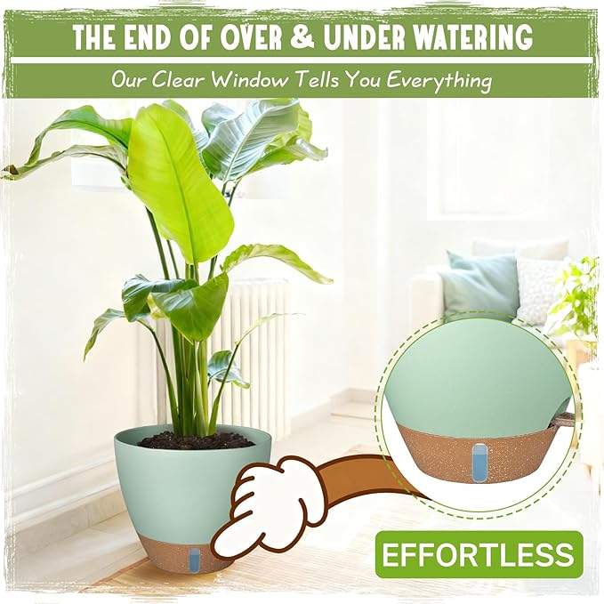 Self-Watering Pots for Indoor Plants 4 Pack, 6/8/10/12 Inch Outdoor Planters with Water Level Indicator & Deep Reservoir, Decorative Flower Pots for Home Decor (Green, 12+10+8+6 Inch)