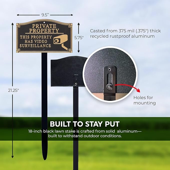 SmartSign “Private Property - This Property Has Video Surveillance” GardenBoss Statement Plaque | 5.75" x 9.5" Aluminum Plaque with 18" Black Lawn Stake, Made in USA