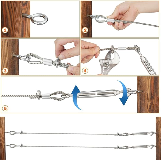TooTaci 1/8" Wire Rope Kit, 100ft 304 Stainless Steel Cable 7×7 Strands, M6 Turnbuckles for Cables Wire, Aircraft Cable Heavy Duty with Turnbuckle Tensioner Kit for Strings Light Hanging