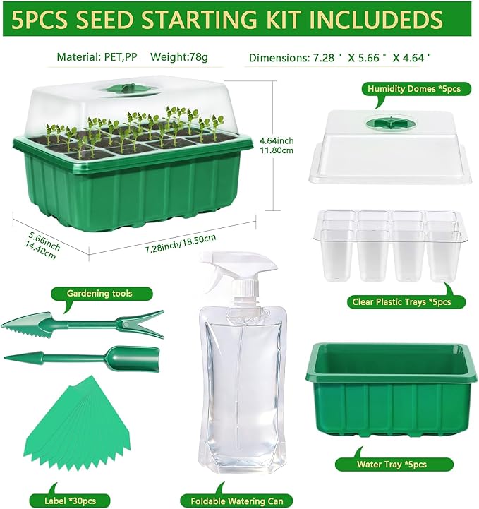 Seed Starter Tray Kit, 5 Pcs Seed Starting Trays with Humidity Dome and Base Plant Starter Kit for Seed Germination and Growing, with Plant Labels and Foldable Watering Can
