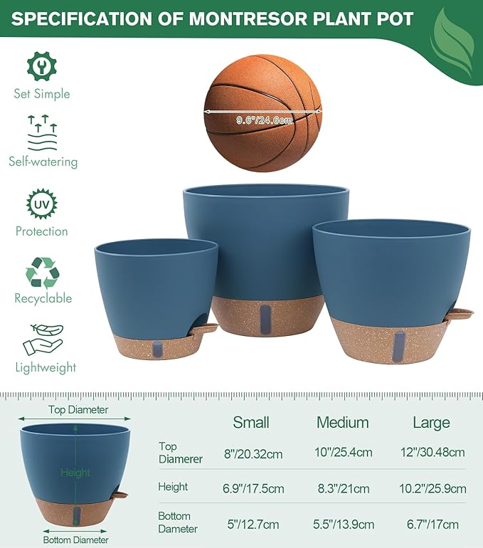 montresor 12/10/8 Inch Self Watering Pots for Indoor Plants Plastic Large Plant Pots for Outdoor Plants, Water Level Window & Spacious Reservoir Flower Pots Decorative Planter with Drainage and Tray