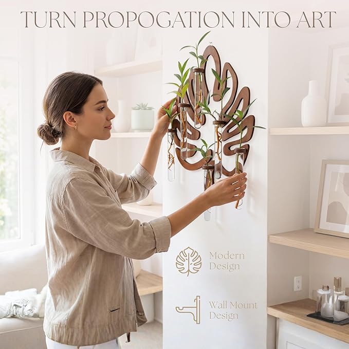 Leaf Shaped Hanging Wall Planter Terrarium for Plants with 6 Strengthened Glass Vases & 1 Spare, Wooden Plant Propagation Station for Indoor Cuttings, Hanging Propagation Stations Decor (15”)