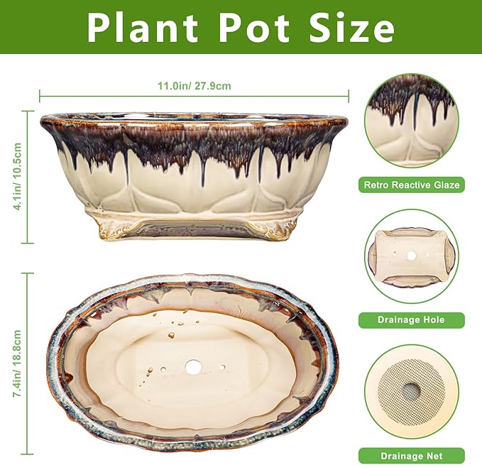 Ceramic Bonsai Tree Pots - 11 Inch Succulent Pots with Drainage Hole, Decorative Bonsai Pot for Indoor Outdoor Plants, Succulent Planters, Front Porch Decor, Gardening Gifts, Oval Beige-Brown