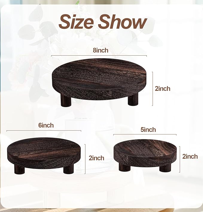 3 Pcs Wooden Risers for Display, Round Wood Riser Plant Stand 5/6/8" Pedestal Stand, Flower Pot Holder Small Planter Tray for Kitchen Home Décor (Rustic Brown)