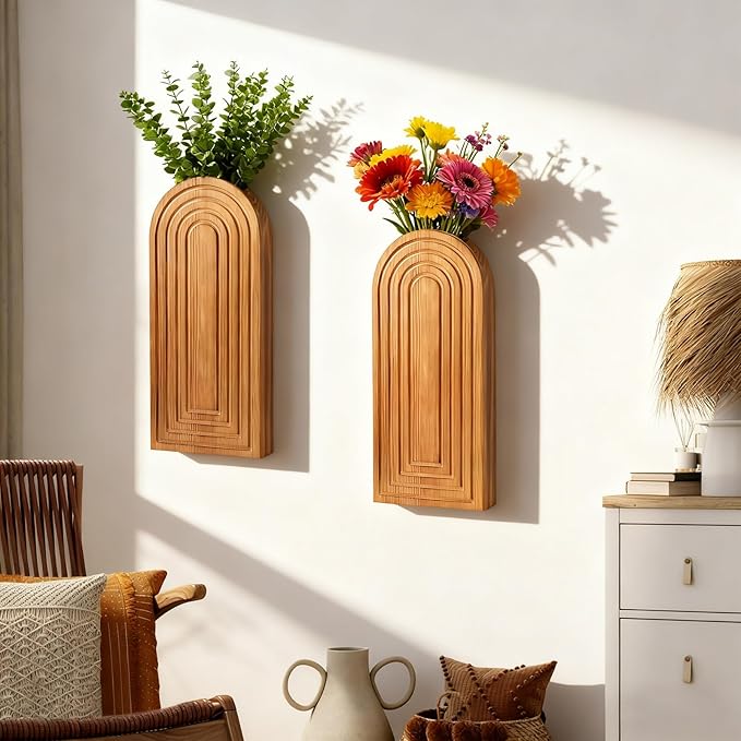 Set of 2 Wooden Wall-Mounted Vases for Dried Flowers, Boho Hanging Planters with Invisible Nails, Modern Farmhouse Home Decor for Living Room, Bedroom, Entryway, Bathroom