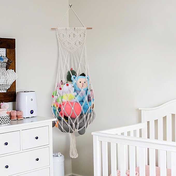 63 Inch Jumbo Stuffed Animal Storage w/ LED Star Light, Toy Hammock Wall Ceiling Over Door Hanging Organizer for Nursery Stuffy Plushie, Cream Stuffed Animals Hammock Corner for Kid Girls Boys Gift