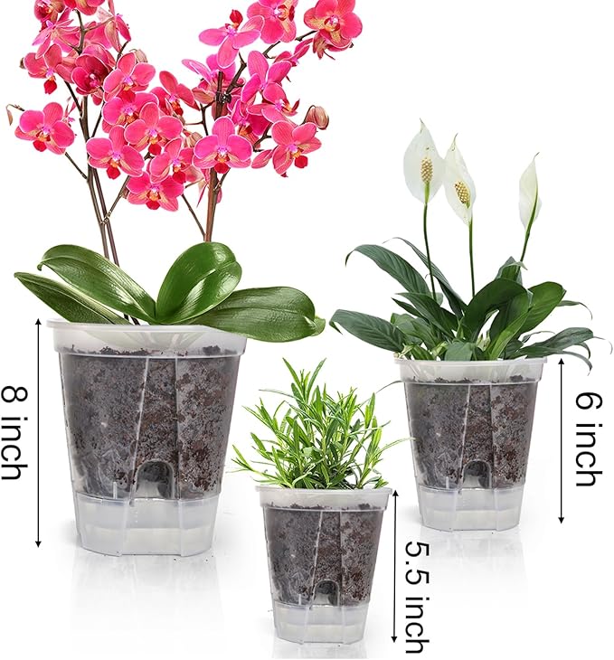yarlung 6 Pack Self Watering Pots for Indoor Plants with Reservoir Tray and Holes, Clear Plastic Self Watering Planters for Outdoor Plants Flowers, Round 4.75" 6" 7"