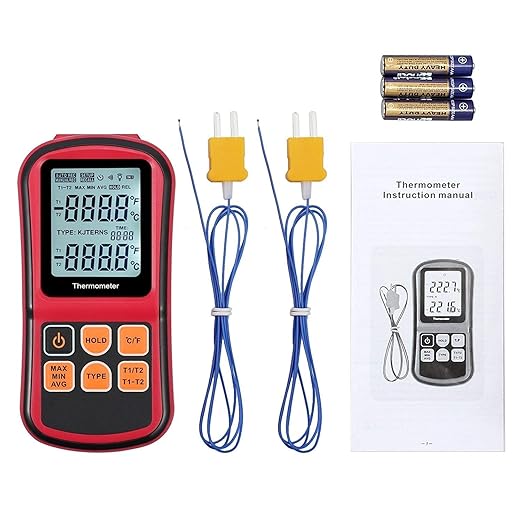 Kamtop Digital Thermometer, Dual Channel Thermometer with Two K Type Thermocouple Probes, High Temperature Meter Dual Measurement Meter Sensor Backlight LCD for K/J/T/E/R/S/N Type