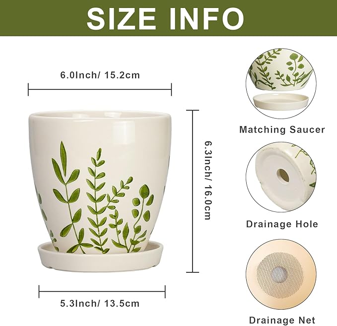 MPotTo Ceramic Pots for Plants - 6 Inch Plant Pot for Indoor Outdoor Plants, Ceramic Planter with Drainage Hole and Saucer, Decorative Round Planter, Gifts for Plant Lovers, Home Room Decor, White