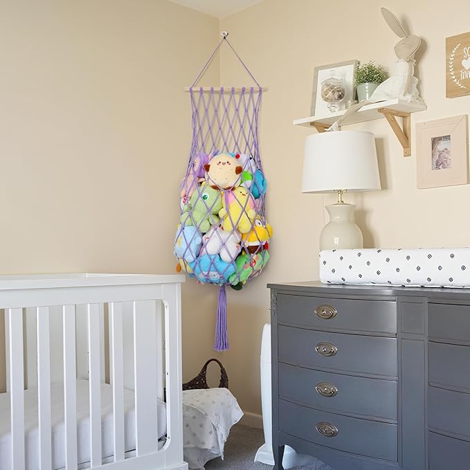Stuffed Animal Storage Net, 68 Inch Jumbo Macrame Vertical Stuffed Animals Hammock Corner, Wall Ceiling Hanging Stuffy Hammock Plushie Holder Display for Kid Boy Girl Gift Boho Nursery Decor (Purple)