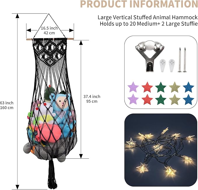 63'' Jumbo Stuffed Animal Storage Hammock Corner, Boho Macrame Stuffy Hammock for Wall Ceiling Over Door Hanging Toy Hammock, Black Plush Toy Net Holder w/ Star Lights for Kids Boys Girls Gift
