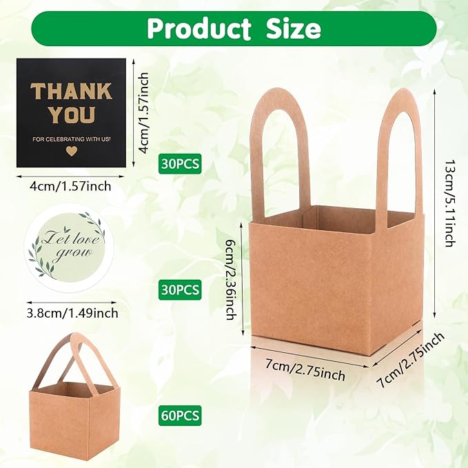 60 Pcs Succulent Wrap Bags Bulk 2.75 Inch Mini Kraft Paper Succulent Wrap Bags with Handles & Thank You Stickers for Wedding Baby Shower Succulent Party Favors for Guests