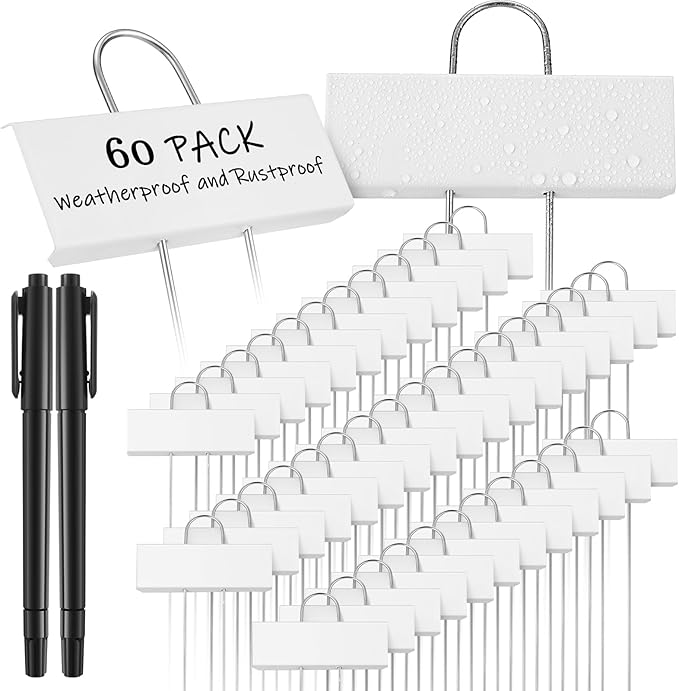 Maitys 62 Pcs Metal Plant Labels Garden Markers Outdoor Weatherproof 10.6 Inch Stainless Steel Nursery Tags Reusable Bulk with Pens for Flower Fruit Vegetable Seedling (White Label with Black Ink)
