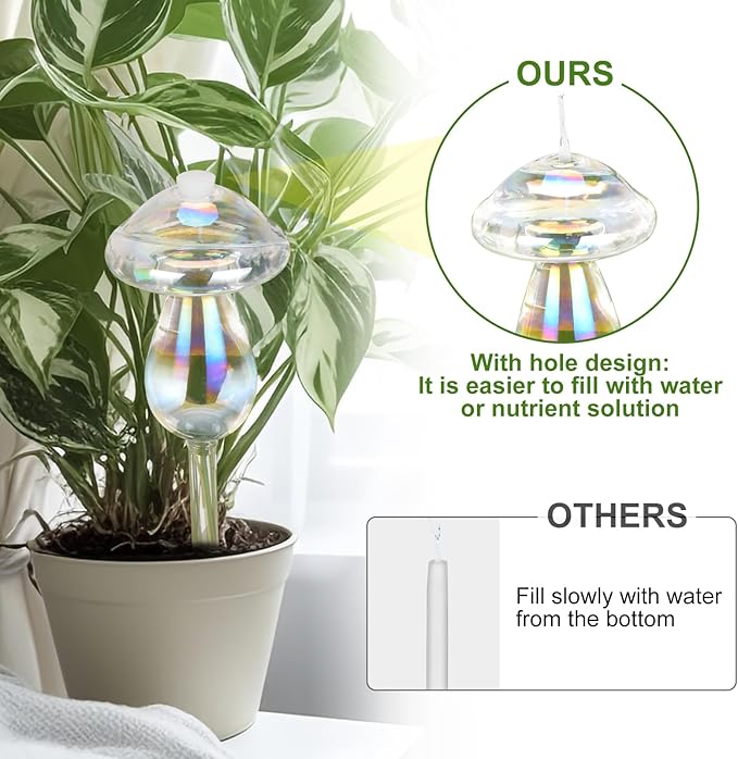 Plant Watering Globes 2PCS Glass Self Watering Planter Insert Device for Indoor Outdoor Plants Rainbow Color Laser Mushroom und Bulb with Hole 5oz 150ml Capacity Automatic Watering for 1 Week