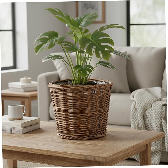 Handwoven Wicker Planter Basket with Liner - Natural Brown Rattan Plant Pot for Indoor Plants, Decorative Flower Pot Cover 7.9x6.3 Inch.