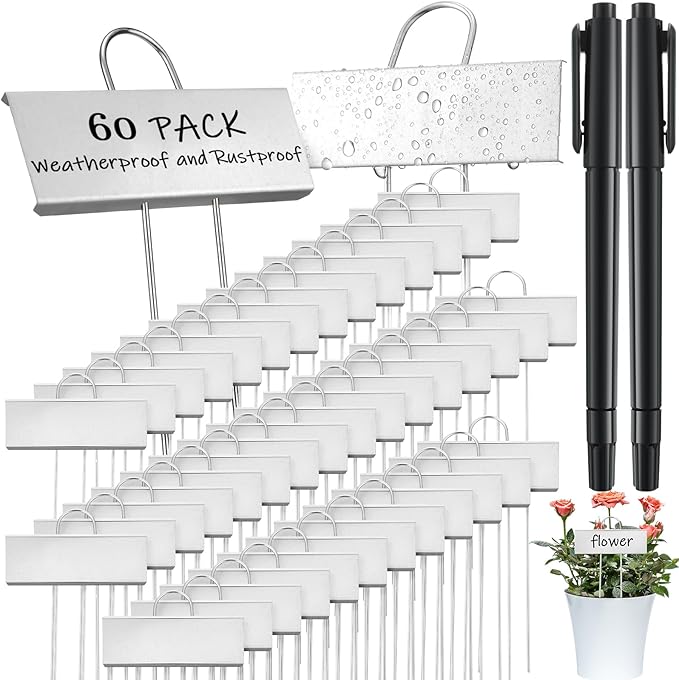 Maitys 62 Pcs Metal Plant Labels Garden Markers Outdoor Weatherproof 10.6 Inch Stainless Steel Nursery Tags Reusable Bulk with Pens for Flower Fruit Vegetable Seedling (Silver Label with Black Ink)