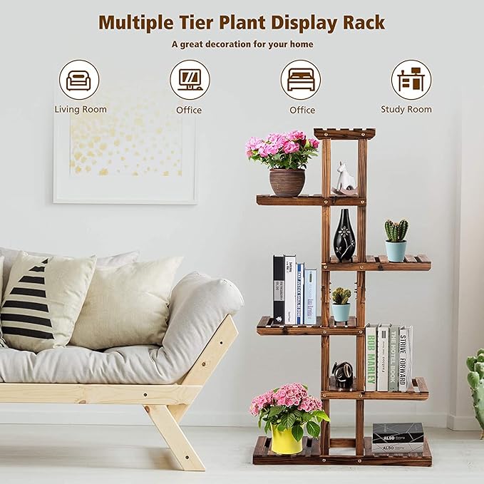 GRAFFY 6 Tier Flower Rack Wood Plant Stand, Flower Pot Holder 7 Shelves, Bonsai Display Shelf with Hollow Design, Multifunctional Storage Rack, Outdoor Indoor Flower Rack for Yard Garden Patio Balcony
