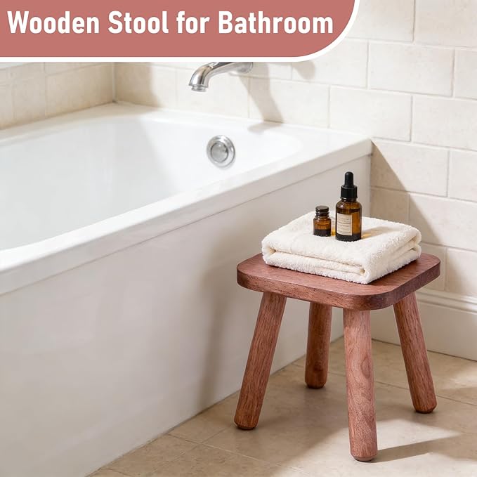 9.3 Inch Small Wooden Step Stool for Adults, Solid One Step Wood Stools Holds up to 300 Lbs, Square Plant Stand Sitting Stool Footstool for Kitchen Bathroom Living Room