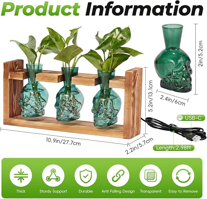 Skull Plant Propagation Station with LED Lights - Halloween Decor Skull Planter, Hydroponics Pot for Office, Unique Gifts for Women & Plant Lovers(Grey)