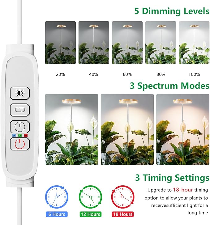 SDOVUERC Full‑Spectrum Grow Lights for Indoor Plants – Adjustable Height Plant Lamp with Wood‑Grain Finish, 6/12/18H Timer, 3 Color Modes, Perfect Plant Lights for Indoor Growing.(Pack 2)