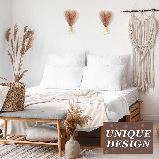 Otoolling 2 Pieces Hanging Plant Wall Decor with Artificial Pampas Grass Metal Hanging Vase Modern Geometric Farmhouse Bohemian Wall Art for Living Room Bedroom Kitchen Office(Gold, Light Brown)