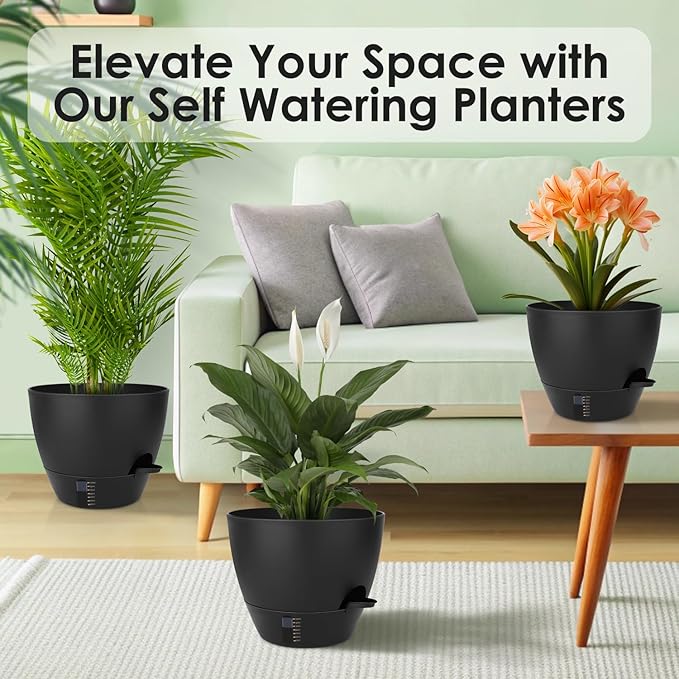 QRRICA Self-Watering Plant Pots with Water Level Indicator, Drainage Holes & Saucers – 12/10/9 Inch Large Plastic Planter Set for Indoor & Outdoor Plants (Pure Black)