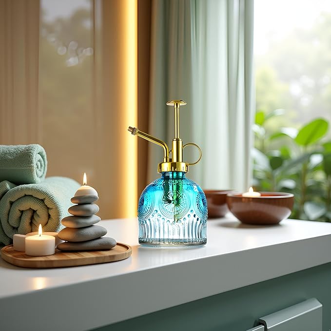 Glass Plant Mister Spray Bottle, 230ML Vintage Plant Spritzer, Succulent Watering Bottle Glass with Top Pump, Small Plants Sprayer Watering Can for Indoor Outdoor House(Blue and White)
