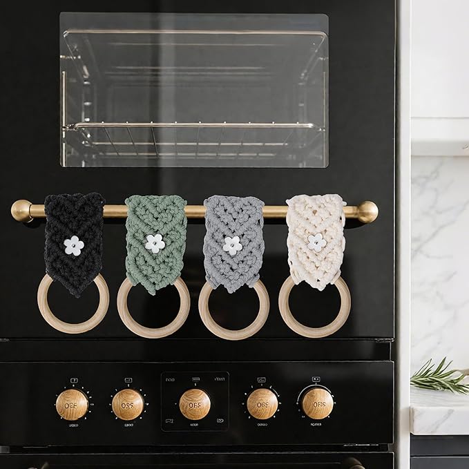 BROWNLILY 4 Pcs Handmade Crochet Towel Holder with Unique Flower Button for Bathroom, Hanging Towel Rack for Kitchen, Macrame Towel Hanger Over The Cabinet Oven Stove Door - Single Ring